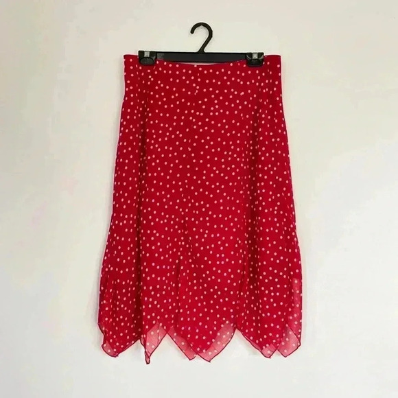 Red & white polka dot chiffon handkerchief hem midi/maxi skirt. - Picture 2 of 3